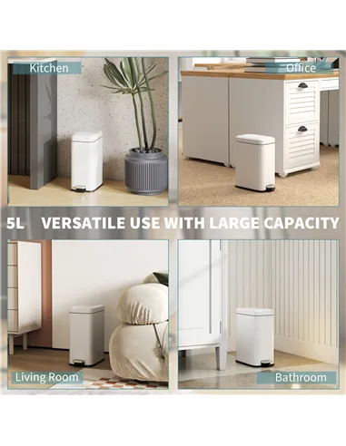 HOMCOM 5L Rectangular Compact Bin Steel Body Removable Bucket Quiet-Close Lid w/ Pedal Lid Rubbish Trash Can Home Office Bedroom