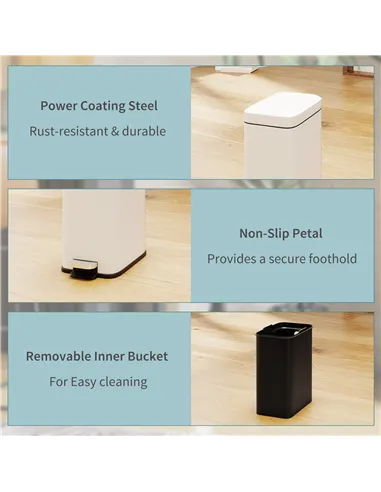 HOMCOM 5L Rectangular Compact Bin Steel Body Removable Bucket Quiet-Close Lid w/ Pedal Lid Rubbish Trash Can Home Office Bedroom