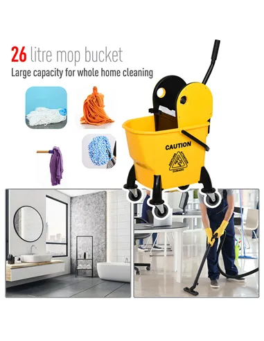 HOMCOM 25L Mop Bucket, with Wringer, Wheels and Handle - Yellow