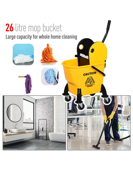 HOMCOM 25L Mop Bucket, with Wringer, Wheels and Handle - Yellow