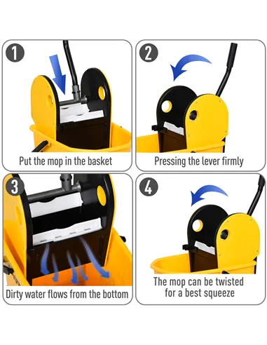 HOMCOM 25L Mop Bucket, with Wringer, Wheels and Handle - Yellow