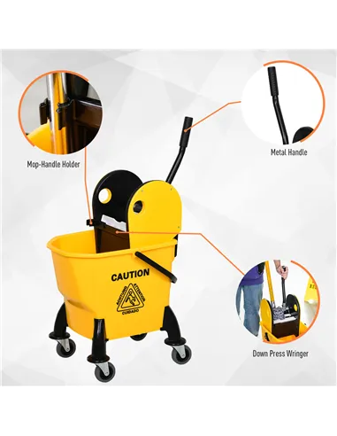 HOMCOM 25L Mop Bucket, with Wringer, Wheels and Handle - Yellow