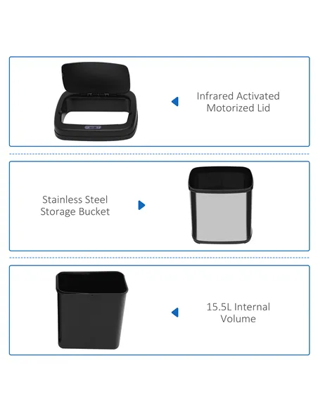 HOMCOM 20L LUXURY Automatic Sensor Dustbin Kitchen Waste Bin Rubbish Trashcan Auto Dustbin Stainless Steel with Bucket 33*25*42.