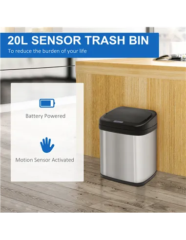 HOMCOM 20L LUXURY Automatic Sensor Dustbin Kitchen Waste Bin Rubbish Trashcan Auto Dustbin Stainless Steel with Bucket 33*25*42.