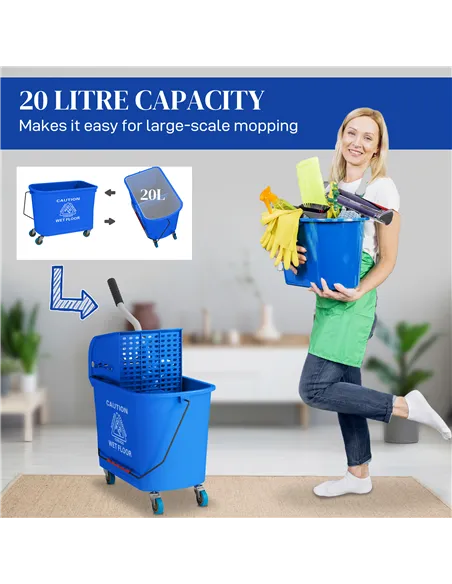 HOMCOM 20L Compact Mop Bucket on Wheels, with Water Separation Panel - Blue
