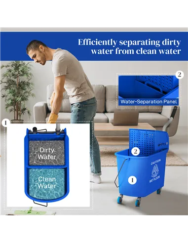 HOMCOM 20L Compact Mop Bucket on Wheels, with Water Separation Panel - Blue