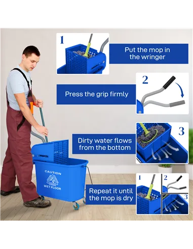 HOMCOM 20L Compact Mop Bucket on Wheels, with Water Separation Panel - Blue