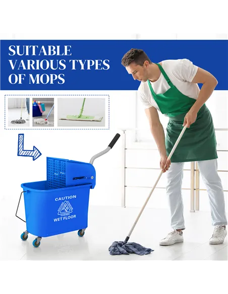 HOMCOM 20L Compact Mop Bucket on Wheels, with Water Separation Panel - Blue