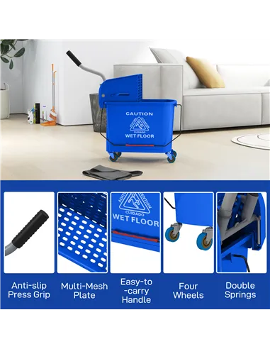 HOMCOM 20L Compact Mop Bucket on Wheels, with Water Separation Panel - Blue