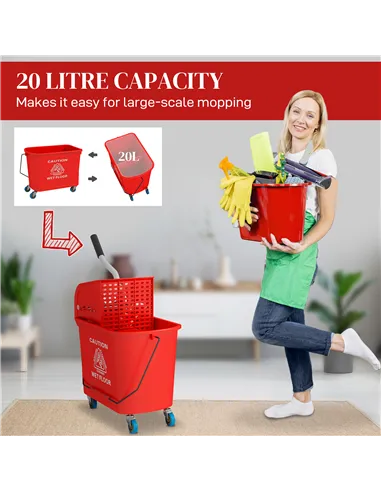 HOMCOM 20L Compact Mop Bucket on Wheels, with Water Separation Panel - Red
