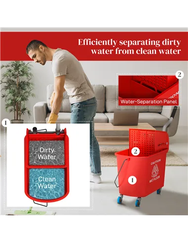 HOMCOM 20L Compact Mop Bucket on Wheels, with Water Separation Panel - Red