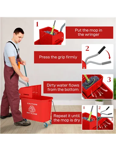 HOMCOM 20L Compact Mop Bucket on Wheels, with Water Separation Panel - Red