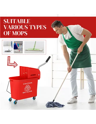 HOMCOM 20L Compact Mop Bucket on Wheels, with Water Separation Panel - Red