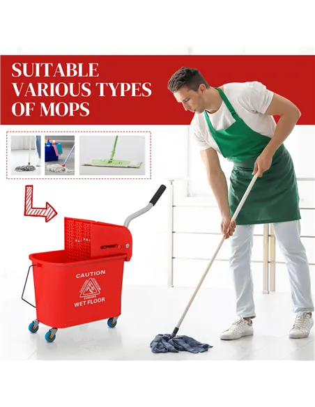 HOMCOM 20L Compact Mop Bucket on Wheels, with Water Separation Panel - Red