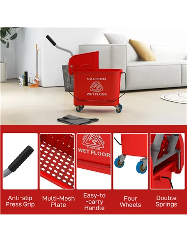 HOMCOM 20L Compact Mop Bucket on Wheels, with Water Separation Panel - Red