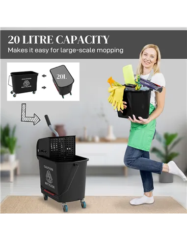 HOMCOM 20L Compact Mop Bucket on Wheels, with Water Separation Panel - Black