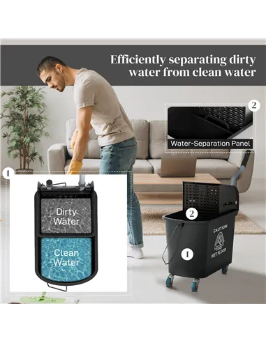 HOMCOM 20L Compact Mop Bucket on Wheels, with Water Separation Panel - Black