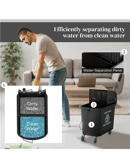 HOMCOM 20L Compact Mop Bucket on Wheels, with Water Separation Panel - Black