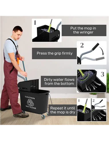 HOMCOM 20L Compact Mop Bucket on Wheels, with Water Separation Panel - Black