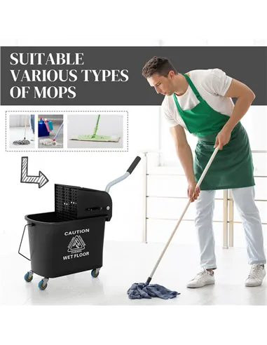 HOMCOM 20L Compact Mop Bucket on Wheels, with Water Separation Panel - Black