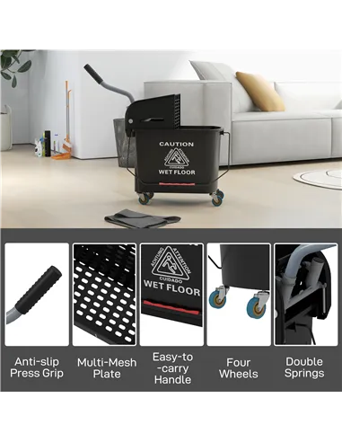 HOMCOM 20L Compact Mop Bucket on Wheels, with Water Separation Panel - Black