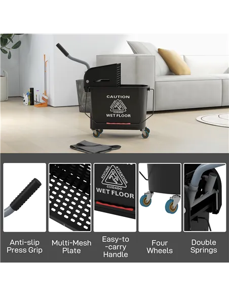 HOMCOM 20L Compact Mop Bucket on Wheels, with Water Separation Panel - Black
