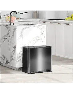 HOMCOM 3 x 15L Pedal Bin, Steel Triple Kitchen Bin with Soft Close Lid, Removable Inner Buckets, Fingerprint-Proof, Black 2