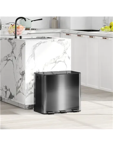 HOMCOM 3 x 15L Pedal Bin, Steel Triple Kitchen Bin with Soft Close Lid, Removable Inner Buckets, Fingerprint-Proof, Black
