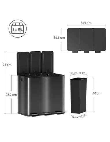 HOMCOM 3 x 15L Pedal Bin, Steel Triple Kitchen Bin with Soft Close Lid, Removable Inner Buckets, Fingerprint-Proof, Black