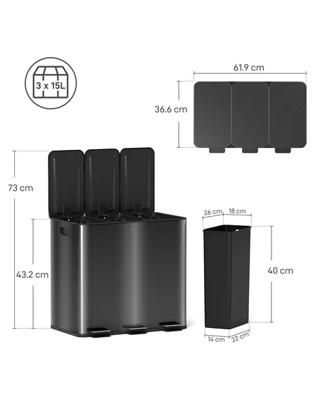 HOMCOM 3 x 15L Pedal Bin, Steel Triple Kitchen Bin with Soft Close Lid, Removable Inner Buckets, Fingerprint-Proof, Black