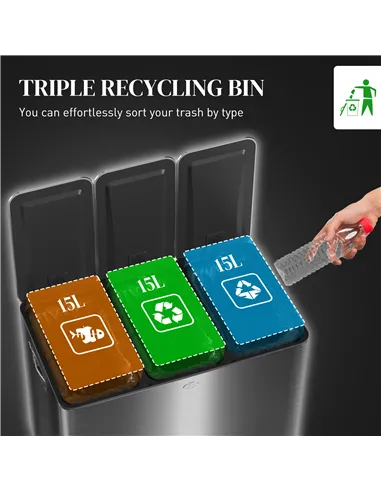 HOMCOM 3 x 15L Pedal Bin, Steel Triple Kitchen Bin with Soft Close Lid, Removable Inner Buckets, Fingerprint-Proof, Black