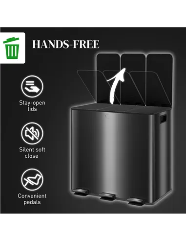 HOMCOM 3 x 15L Pedal Bin, Steel Triple Kitchen Bin with Soft Close Lid, Removable Inner Buckets, Fingerprint-Proof, Black