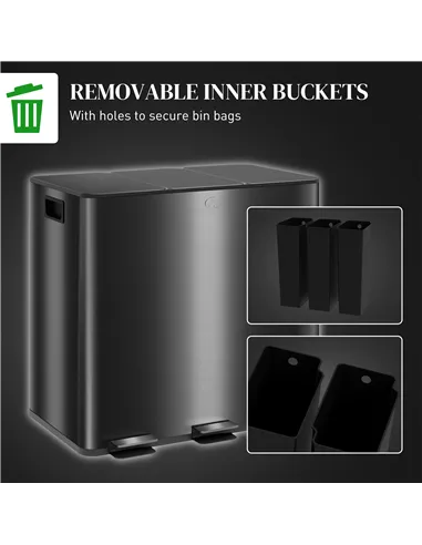 HOMCOM 3 x 15L Pedal Bin, Steel Triple Kitchen Bin with Soft Close Lid, Removable Inner Buckets, Fingerprint-Proof, Black