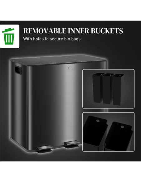 HOMCOM 3 x 15L Pedal Bin, Steel Triple Kitchen Bin with Soft Close Lid, Removable Inner Buckets, Fingerprint-Proof, Black