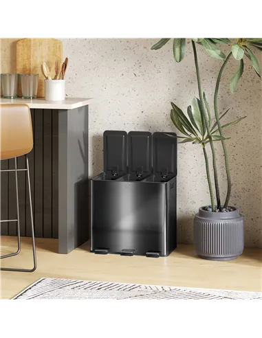 HOMCOM 3 x 15L Pedal Bin, Steel Triple Kitchen Bin with Soft Close Lid, Removable Inner Buckets, Fingerprint-Proof, Black