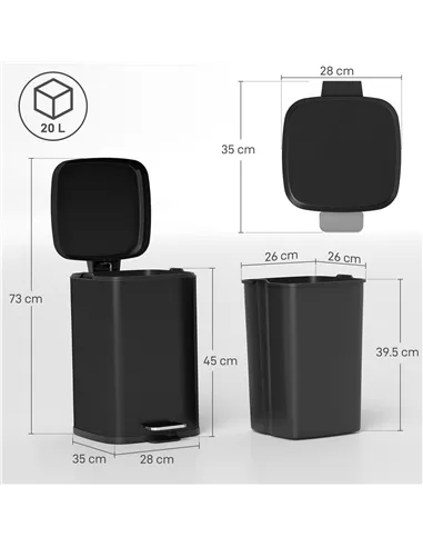 HOMCOM 20L Modern Boxy Metal Home Kitchen Bin - Black