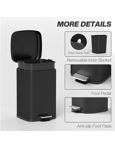 HOMCOM 20L Modern Boxy Metal Home Kitchen Bin - Black