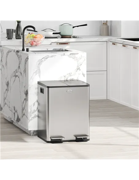 HOMCOM 40L Dual Compartment Stainless Steel Bin, with Deodoriser Holders - Silver Tone