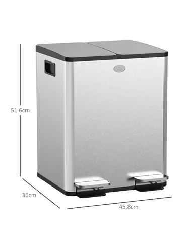 HOMCOM 40L Dual Compartment Stainless Steel Bin, with Deodoriser Holders - Silver Tone
