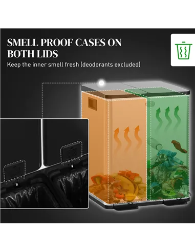HOMCOM 40L Dual Compartment Stainless Steel Bin, with Deodoriser Holders - Silver Tone