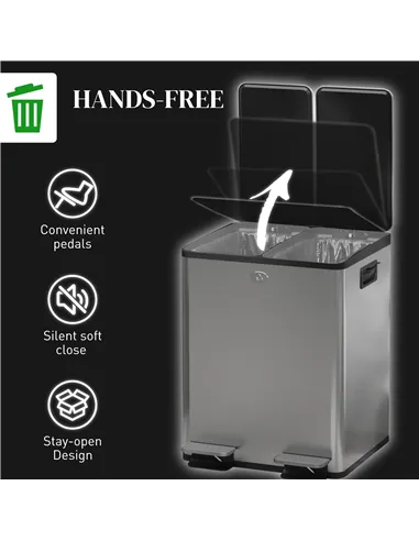 HOMCOM 40L Dual Compartment Stainless Steel Bin, with Deodoriser Holders - Silver Tone