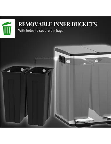 HOMCOM 40L Dual Compartment Stainless Steel Bin, with Deodoriser Holders - Silver Tone