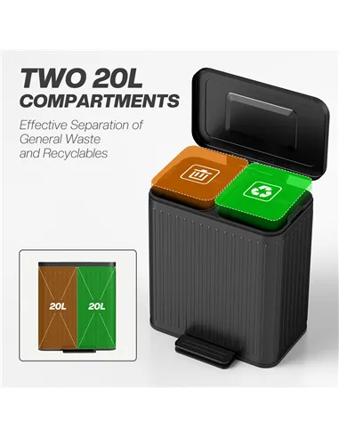 HOMCOM 40L Dual Compartment Rubbish Bin, with Soft-Close Lid - Black