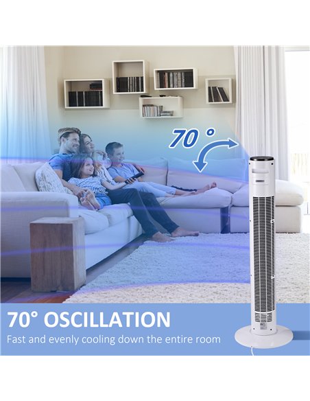 HOMCOM 38'' Freestanding Tower Fan, 3 Speed 3 Mode, 12h Timer, 70 Degree Oscillation, LED Panel, 5M Remote Controller, White