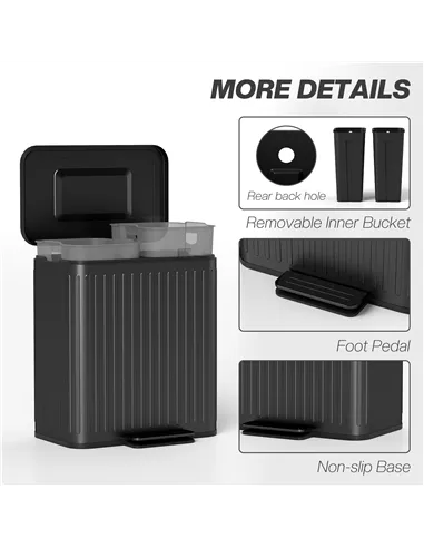 HOMCOM 40L Dual Compartment Rubbish Bin, with Soft-Close Lid - Black