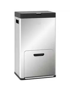 HOMCOM 56L Triple Compartment Stainless Steel Kitchen Bin, with Deodoriser Holders and Wheels - Silver Tone