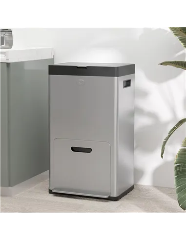 HOMCOM 56L Triple Compartment Stainless Steel Kitchen Bin, with Deodoriser Holders and Wheels - Silver Tone