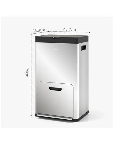 HOMCOM 56L Triple Compartment Stainless Steel Kitchen Bin, with Deodoriser Holders and Wheels - Silver Tone
