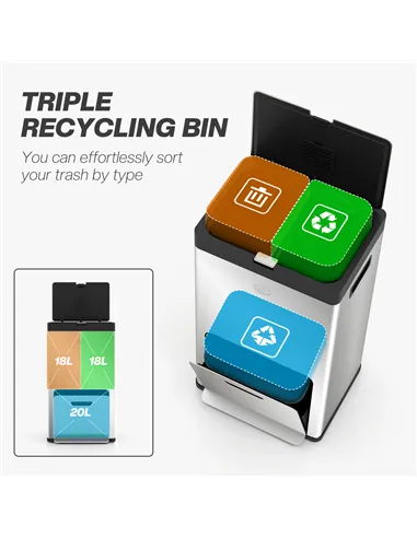 HOMCOM 56L Triple Compartment Stainless Steel Kitchen Bin, with Deodoriser Holders and Wheels - Silver Tone