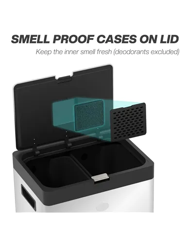 HOMCOM 56L Triple Compartment Stainless Steel Kitchen Bin, with Deodoriser Holders and Wheels - Silver Tone